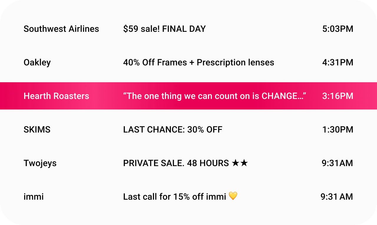 Inbox where a personal Hearth Roasters email stands out among discount subject lines